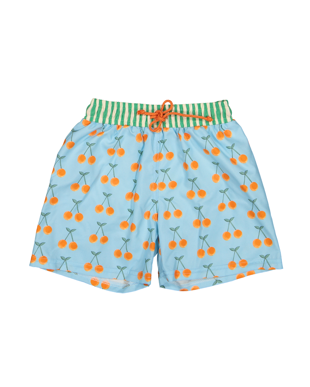 boys cherry print swim shorts blue striped waistband
