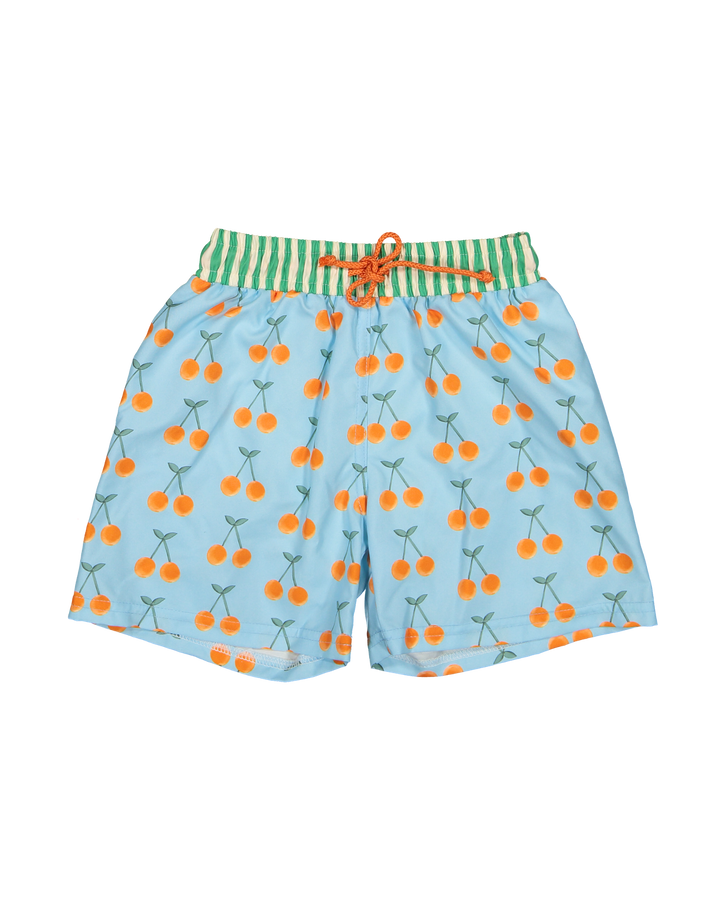 boys cherry print swim shorts blue striped waistband
