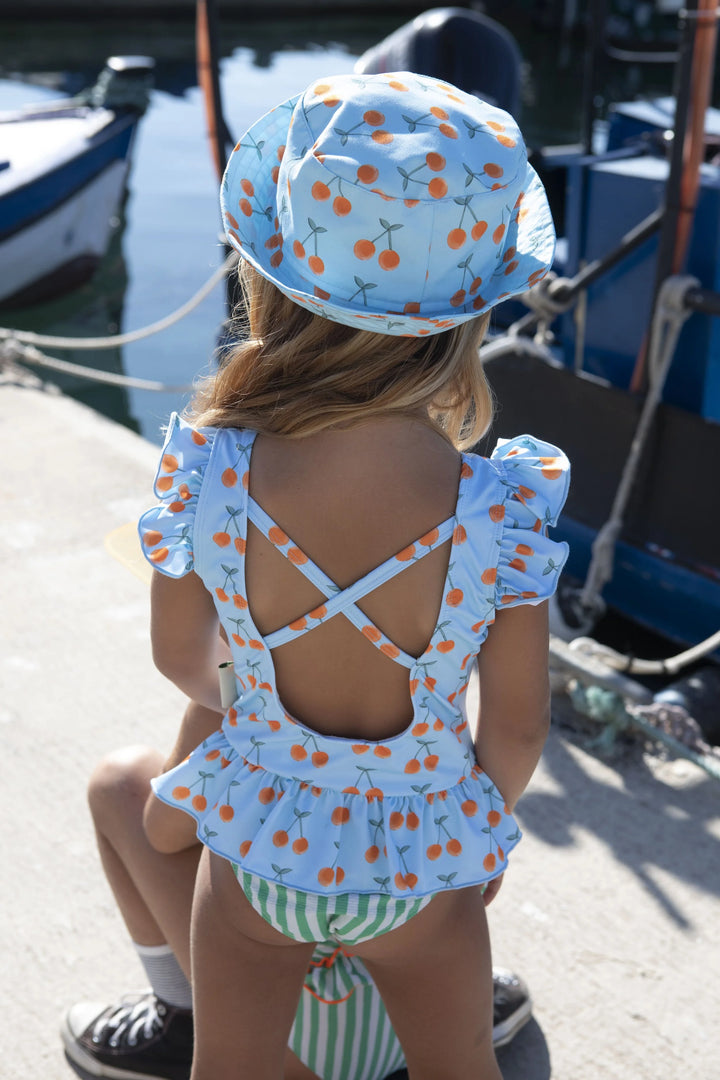 girls cherry print swimsuit blue ruffle one piece
