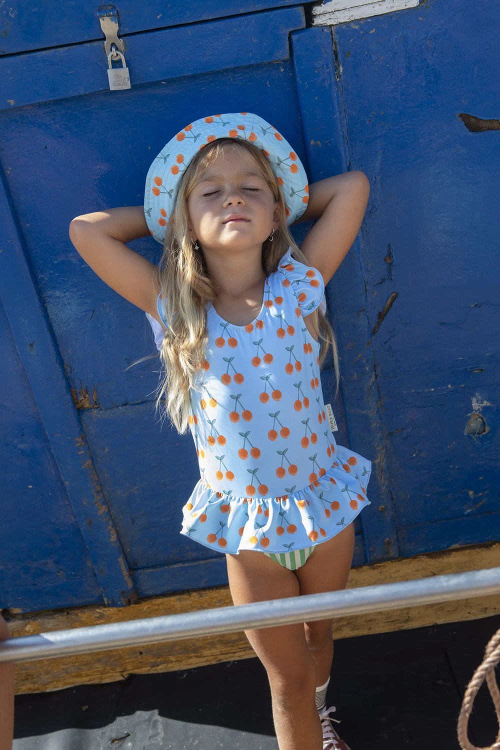 girls cherry print swimsuit blue ruffle one piece
