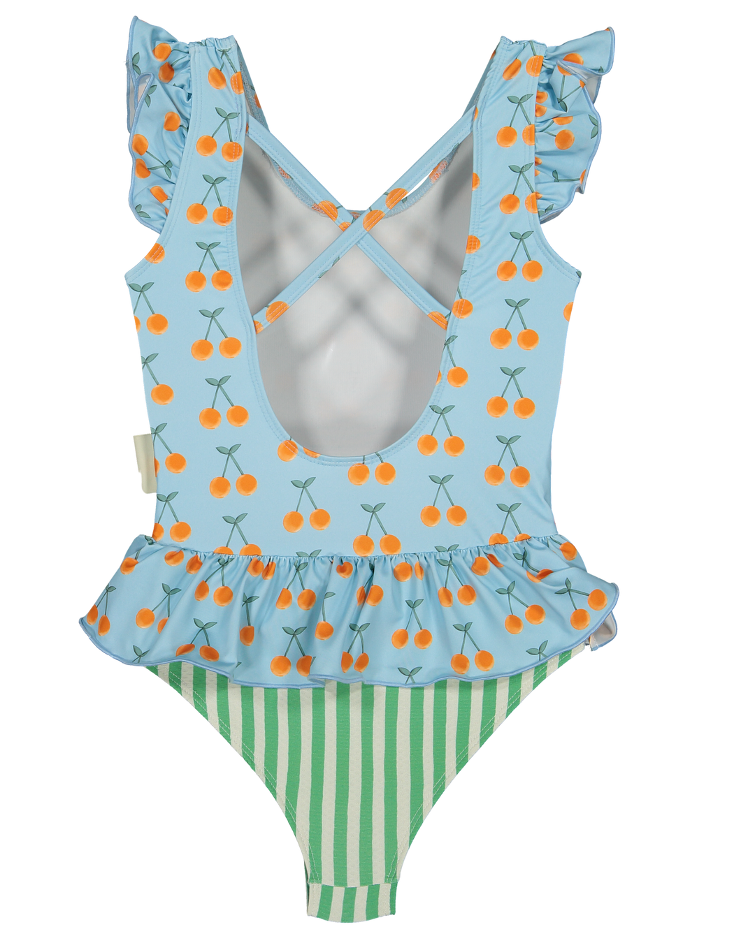 girls cherry print swimsuit blue ruffle one piece
