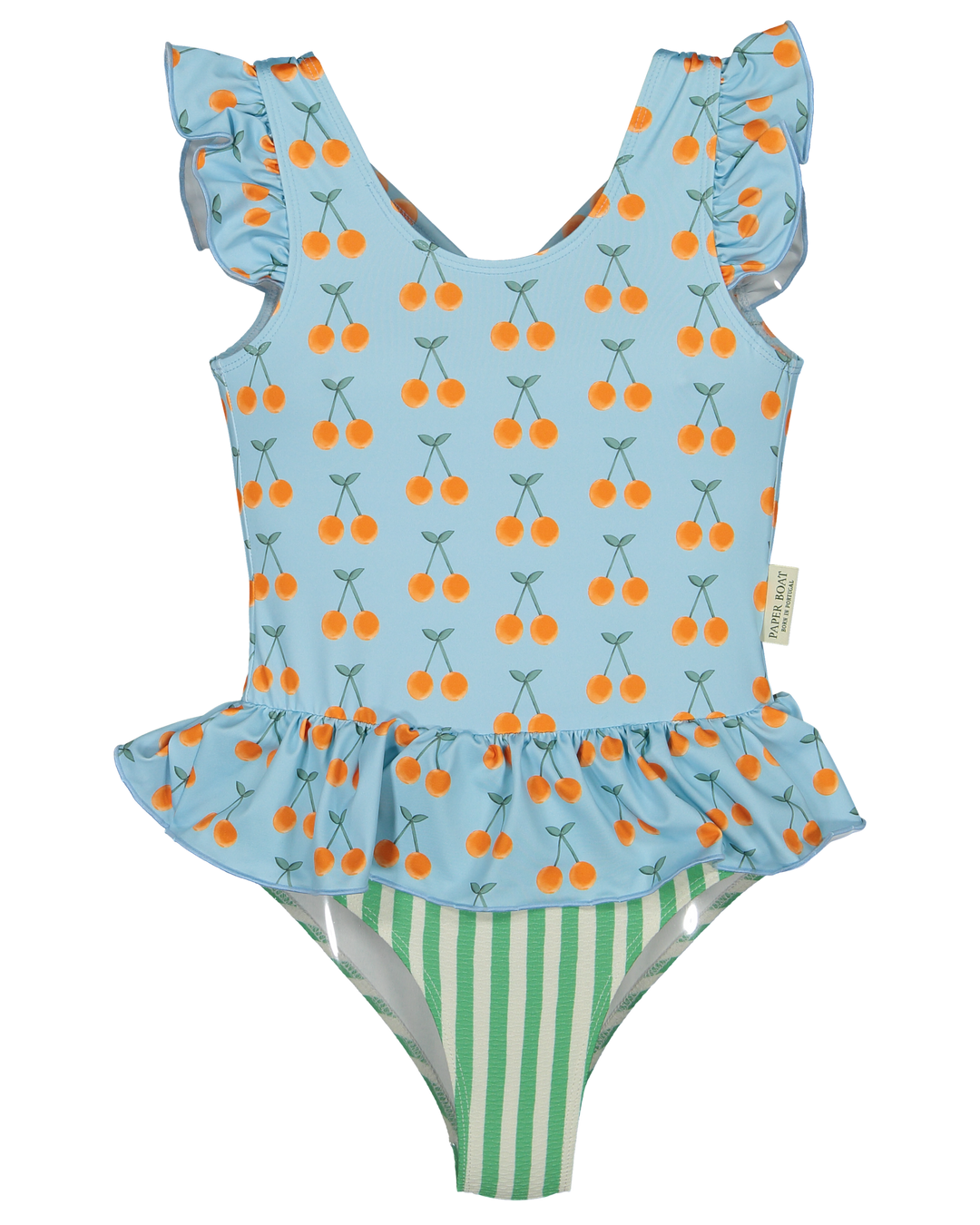 girls cherry print swimsuit blue ruffle one piece
