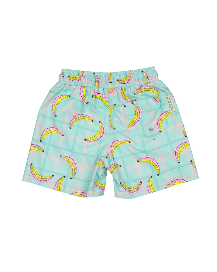 kids banana print swim shorts aqua elastic waistband beachwear
