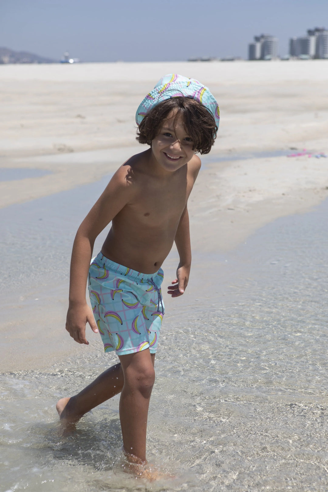 kids banana print swim shorts aqua elastic waistband beachwear
