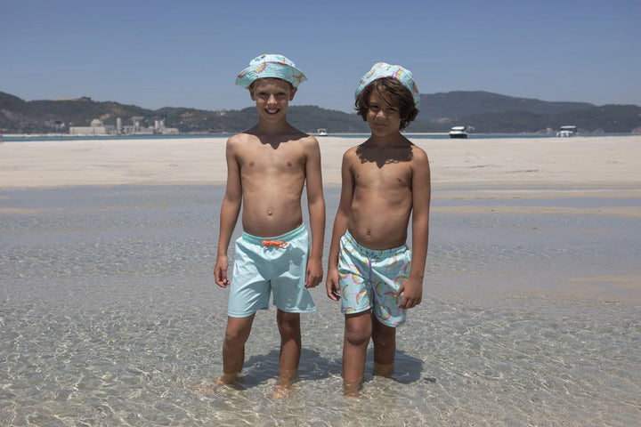 kids banana print swim shorts aqua elastic waistband beachwear
