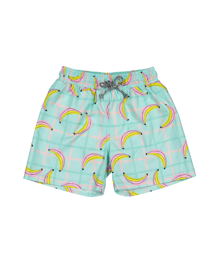 kids banana print swim shorts aqua elastic waistband beachwear
