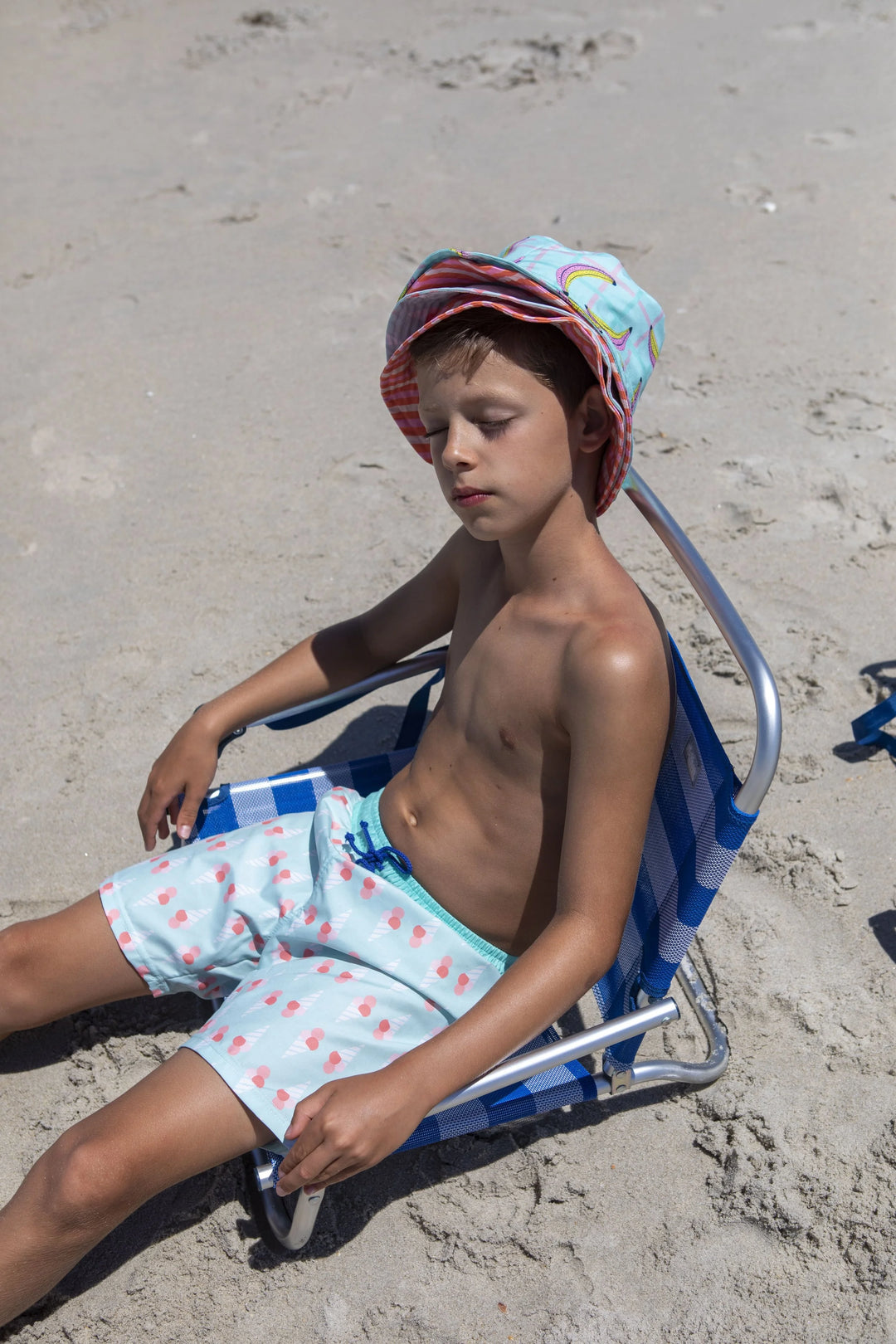 boys swim shorts pastel blue ice cream print elastic waistband drawstring
