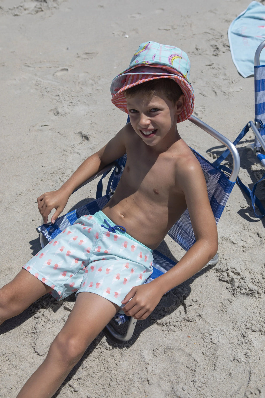 boys swim shorts pastel blue ice cream print elastic waistband drawstring
