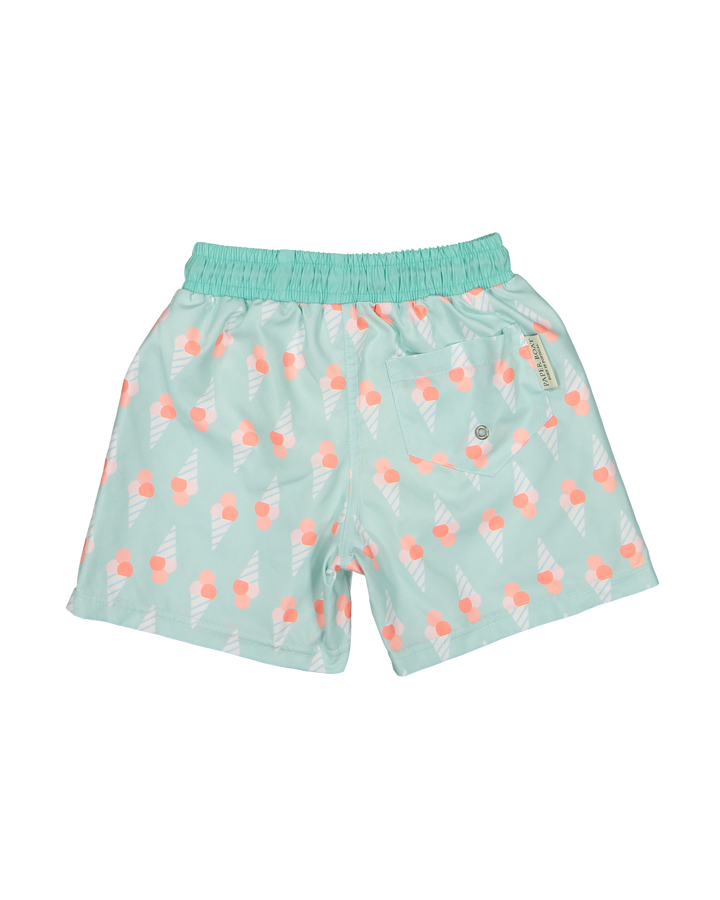 boys swim shorts pastel blue ice cream print elastic waistband drawstring

