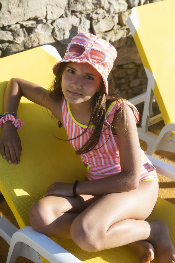 kids striped bucket hat pink orange summer beach
