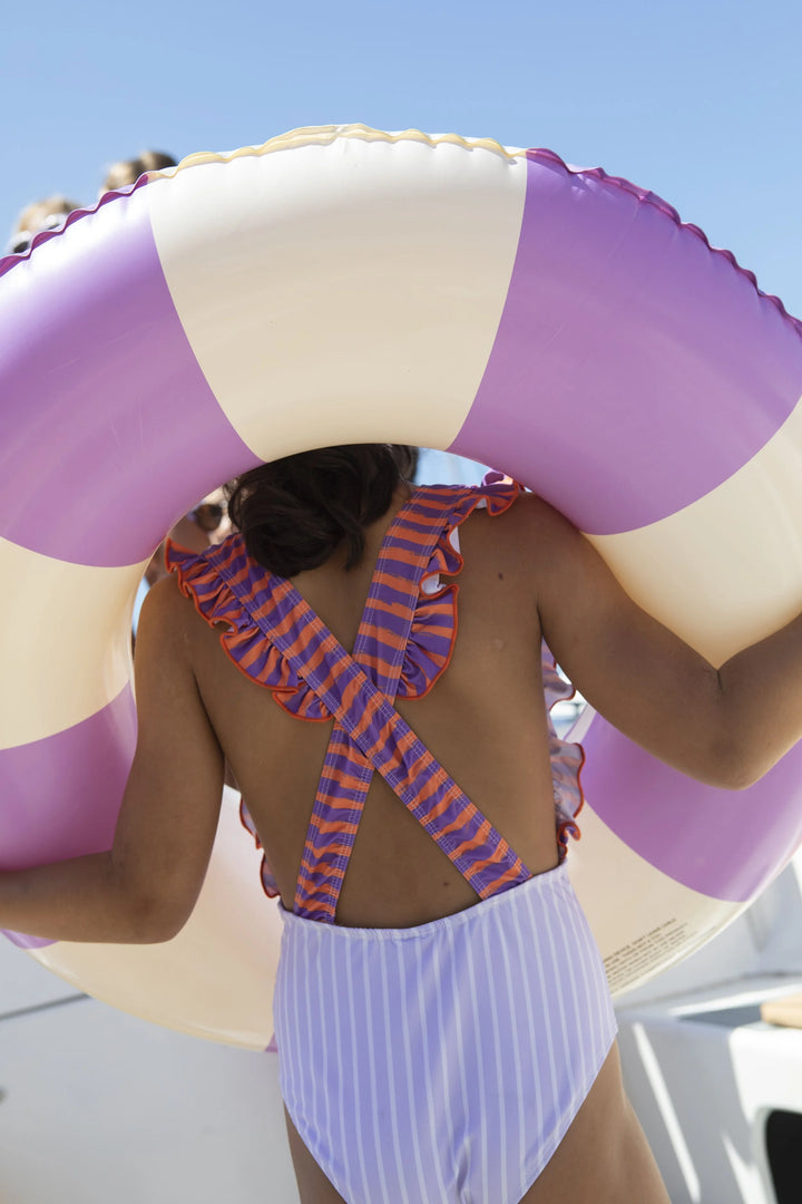 girls lavender striped swimsuit ruffle straps
