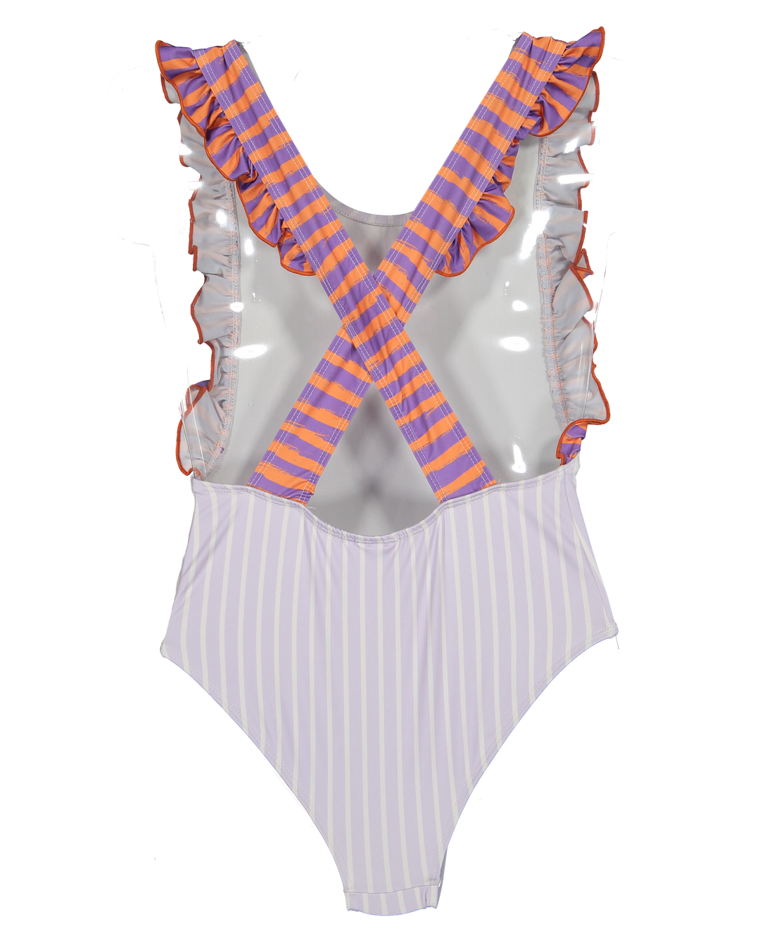 girls lavender striped swimsuit ruffle straps
