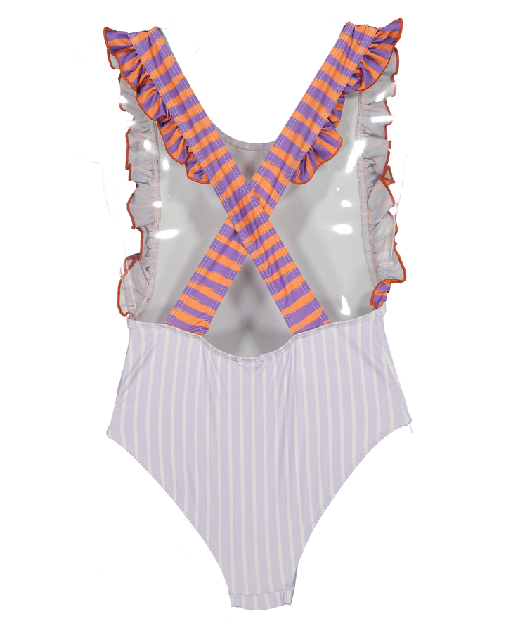 girls lavender striped swimsuit ruffle straps
