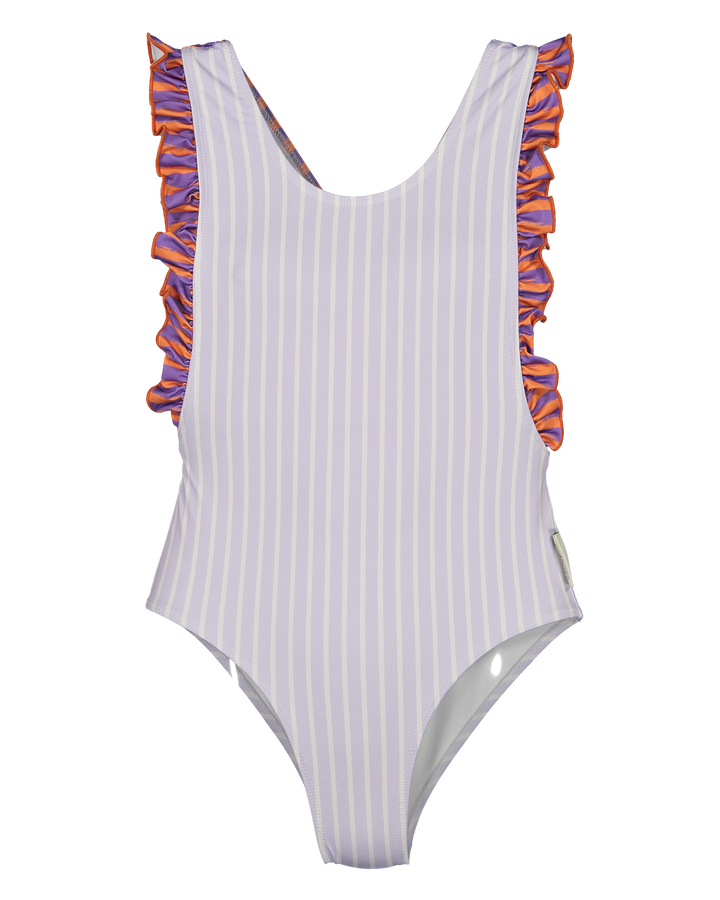 girls lavender striped swimsuit ruffle straps
