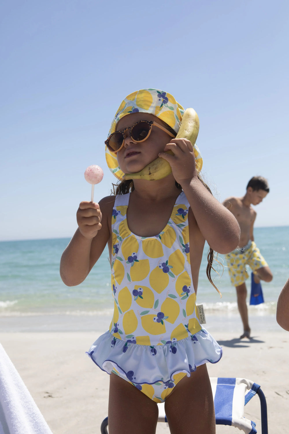 girls lemon print swimsuit ruffle waist
