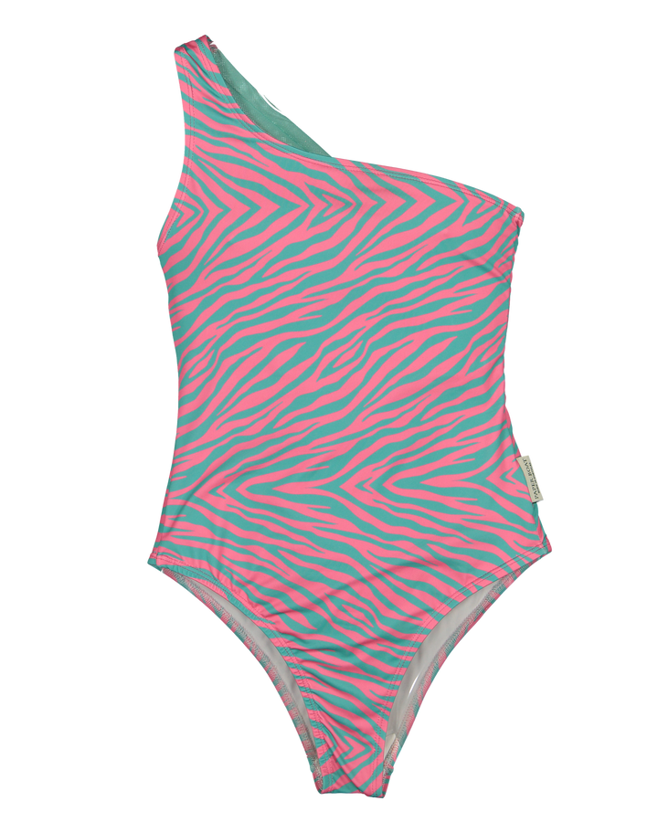 girls asymmetric swimsuit mint pink wave print
