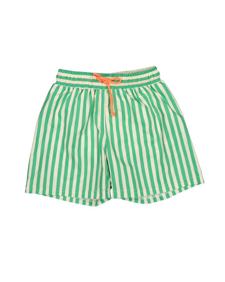 boys green striped swim shorts elastic waistband

