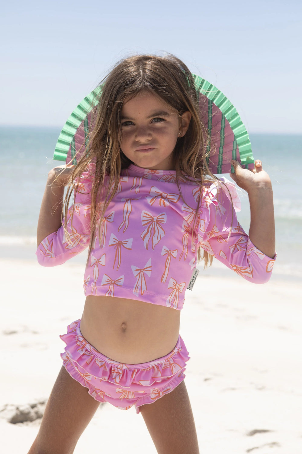 girls pink bow print rash guard long sleeve
