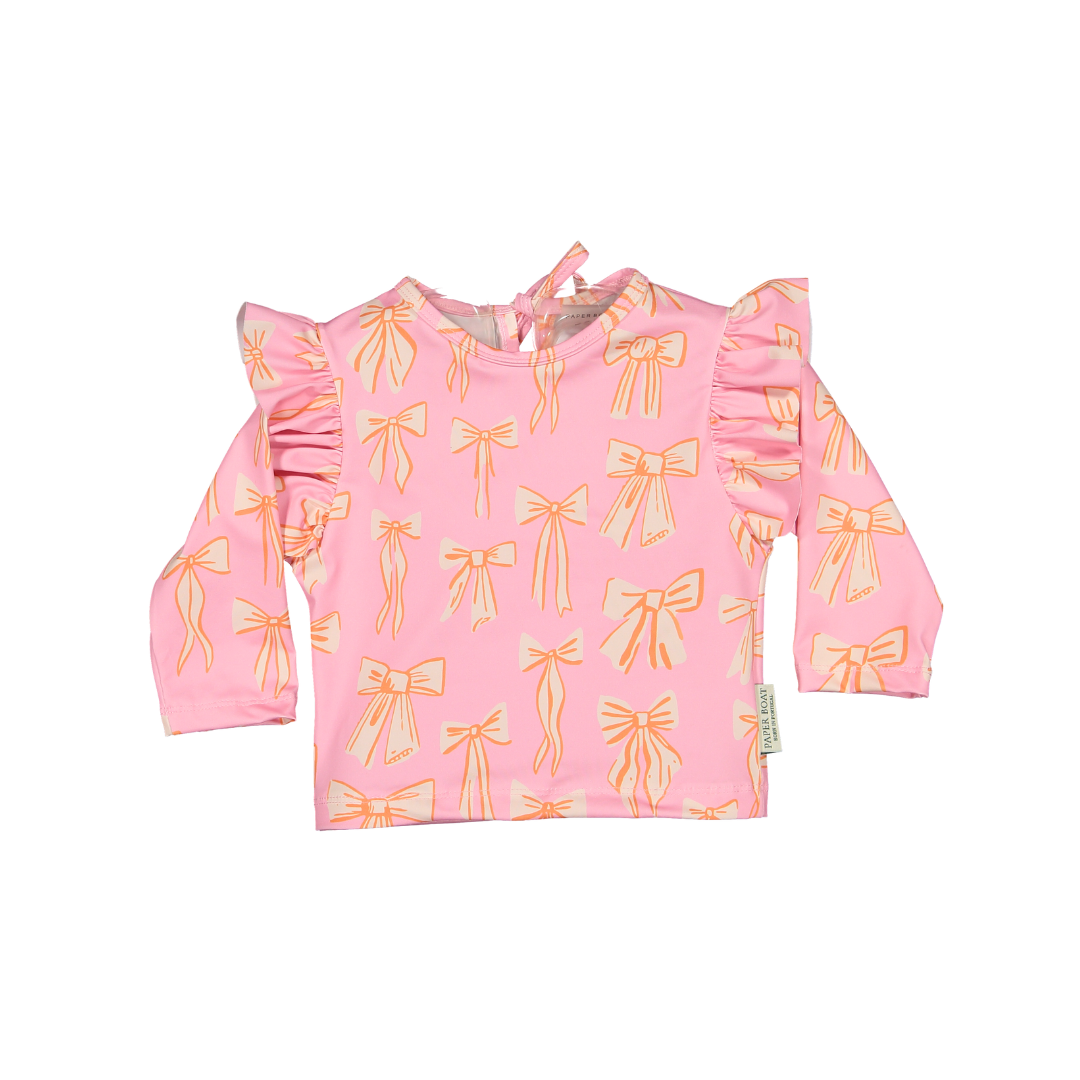 girls pink bow print rash guard long sleeve
