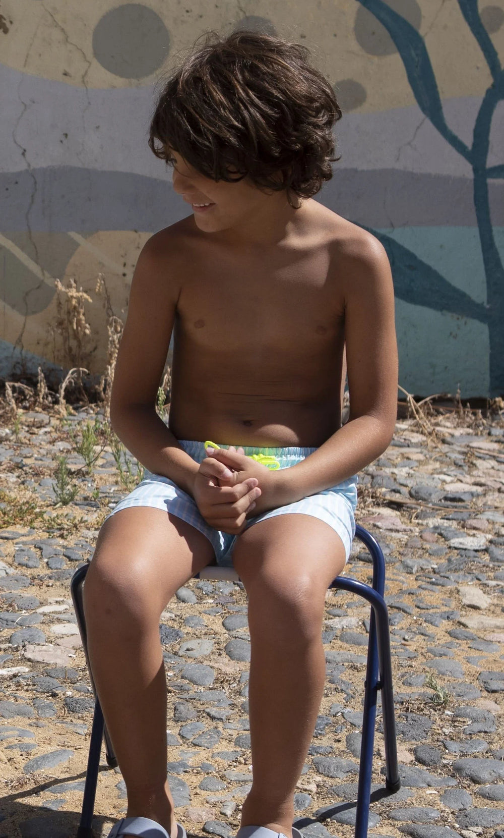 boys blue striped swim shorts neon drawstring
