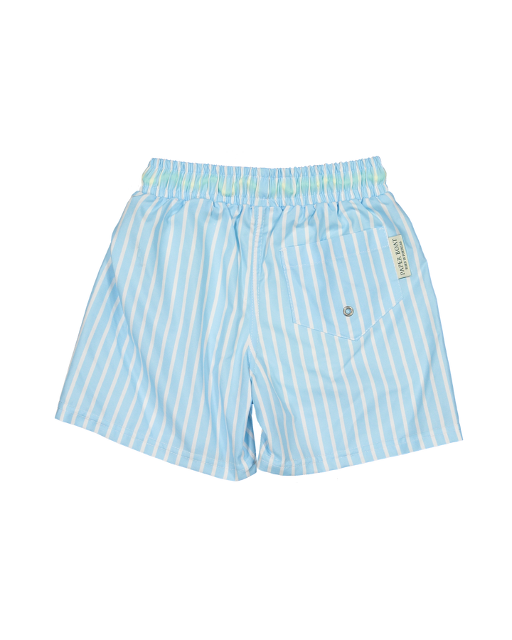 boys blue striped swim shorts neon drawstring
