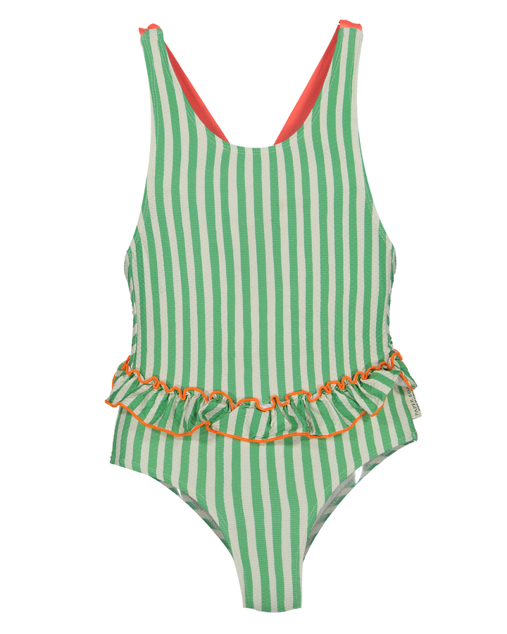 girls green striped swimsuit ruffle waist orange trim
