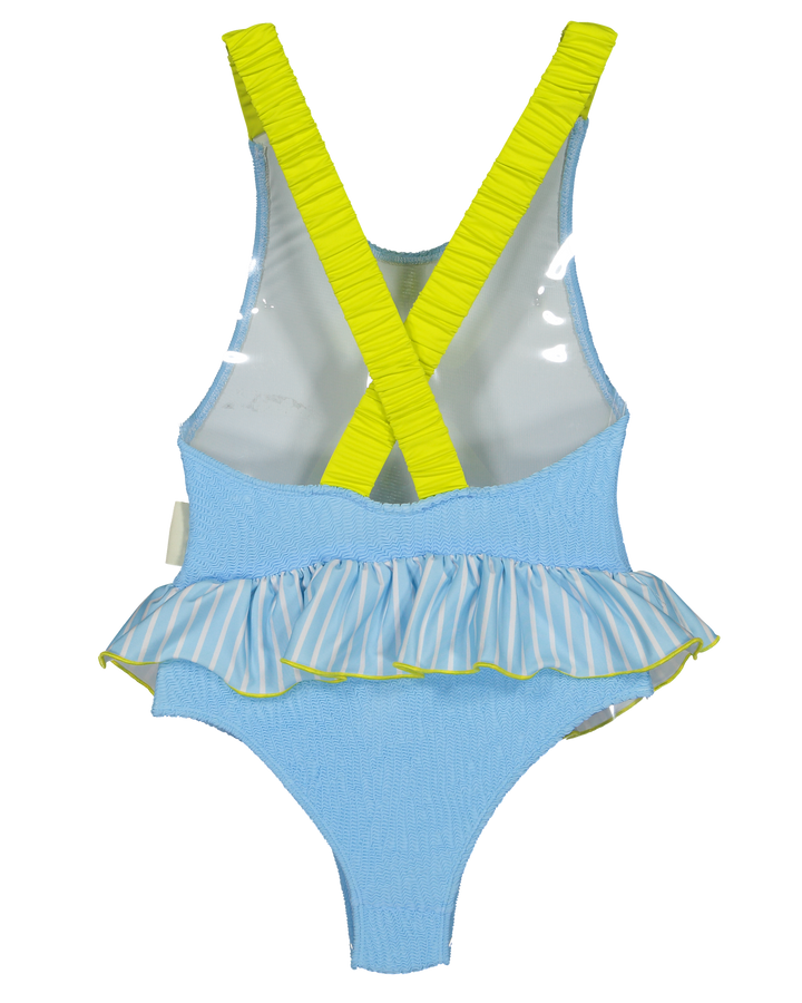 girls blue ruffle swimsuit neon straps
