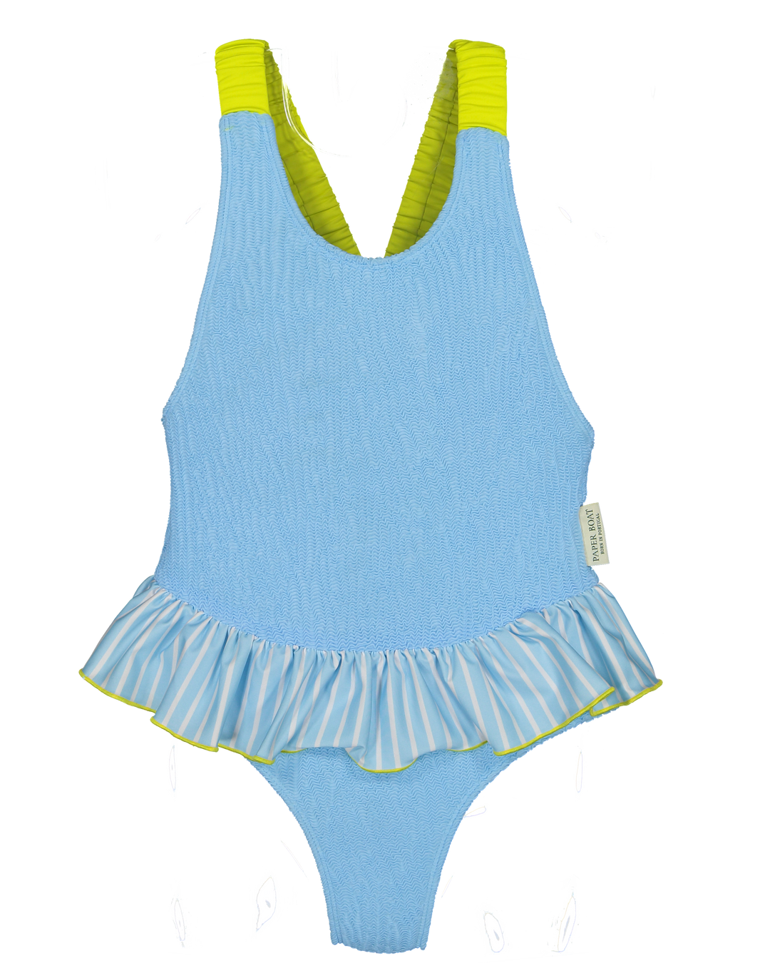 girls blue ruffle swimsuit neon straps
