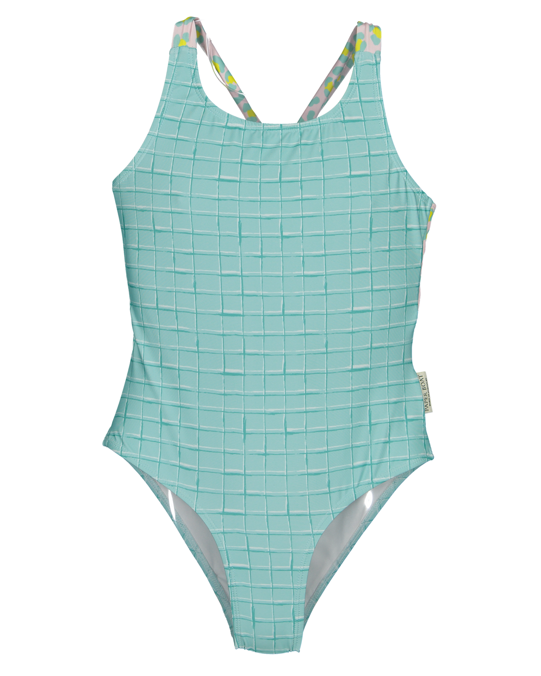 girls aqua one piece swimsuit open back grid print pastel dots
