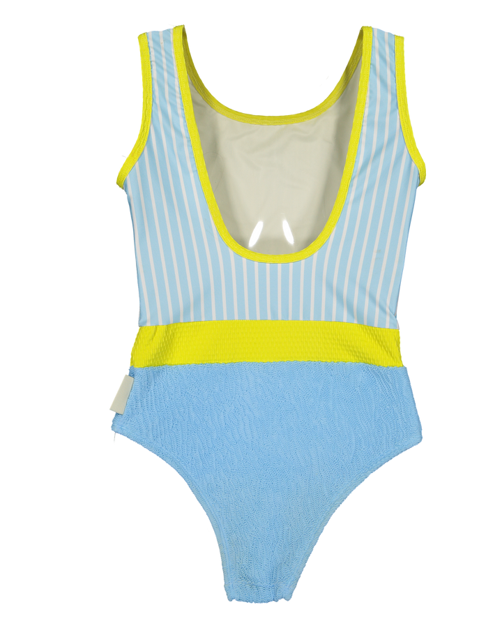 girls blue striped swimsuit neon yellow
