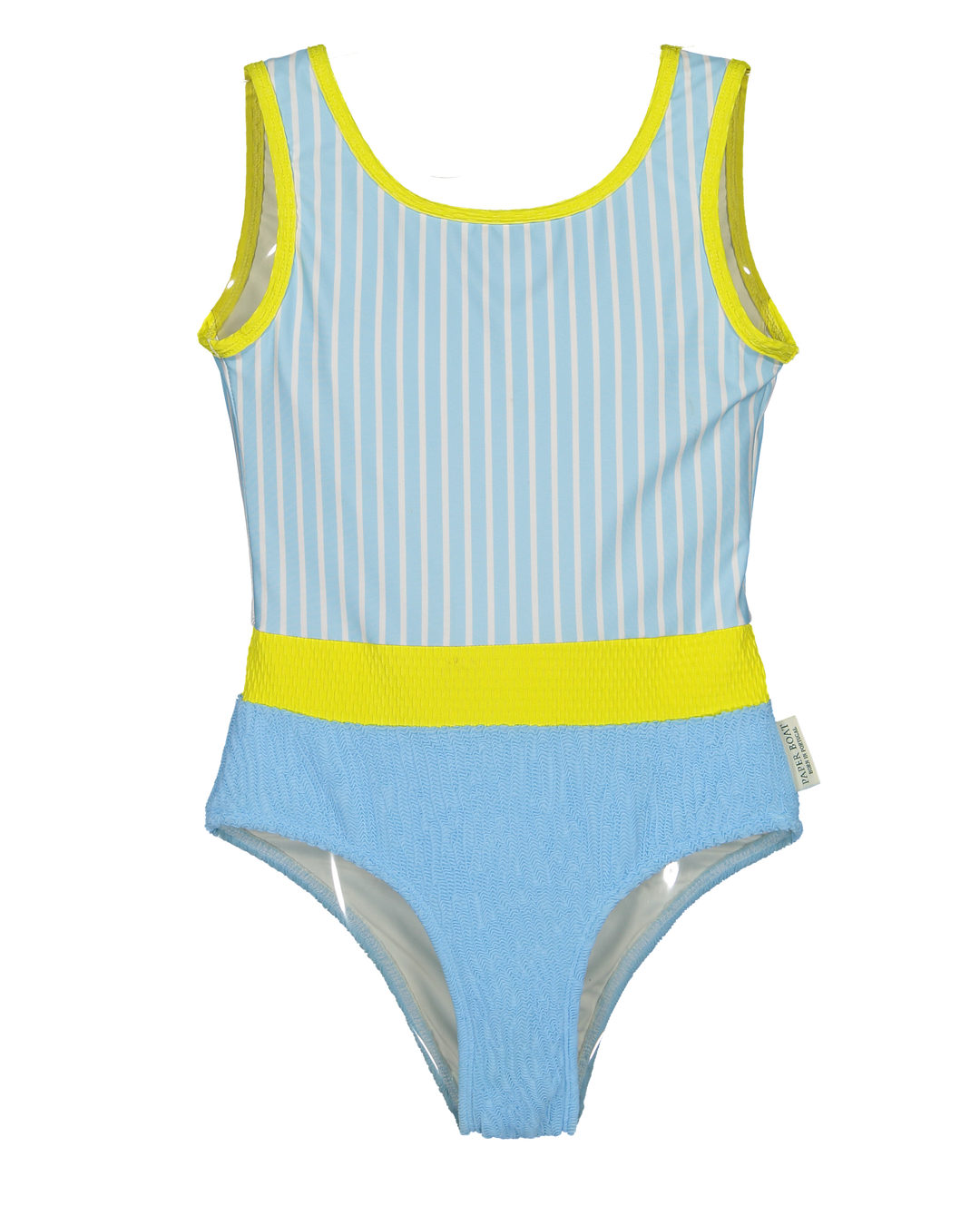 girls blue striped swimsuit neon yellow
