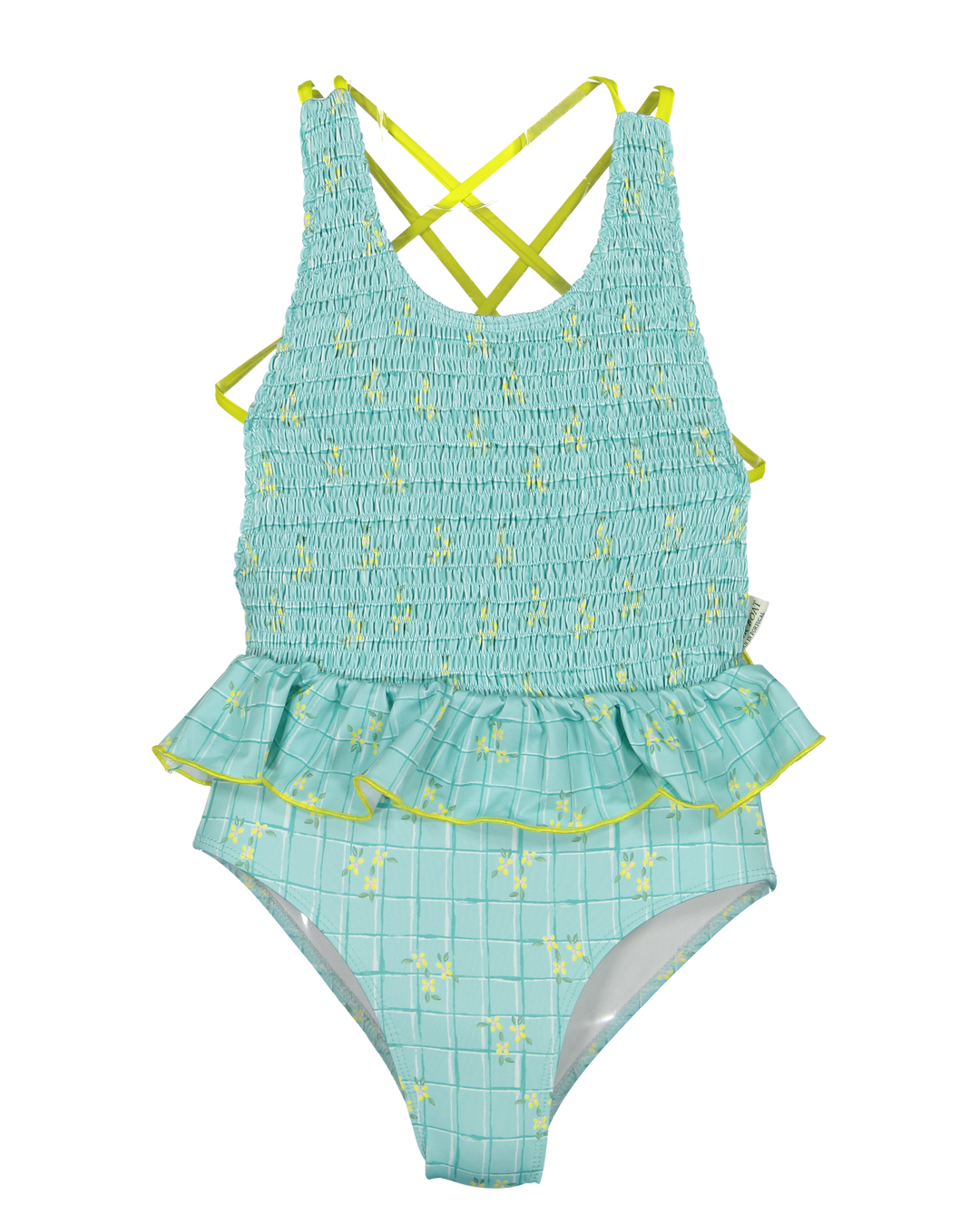 girls smocked swimsuit aqua floral ruffle one piece swimwear
