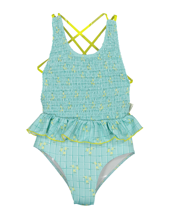 girls smocked swimsuit aqua floral ruffle one piece swimwear
