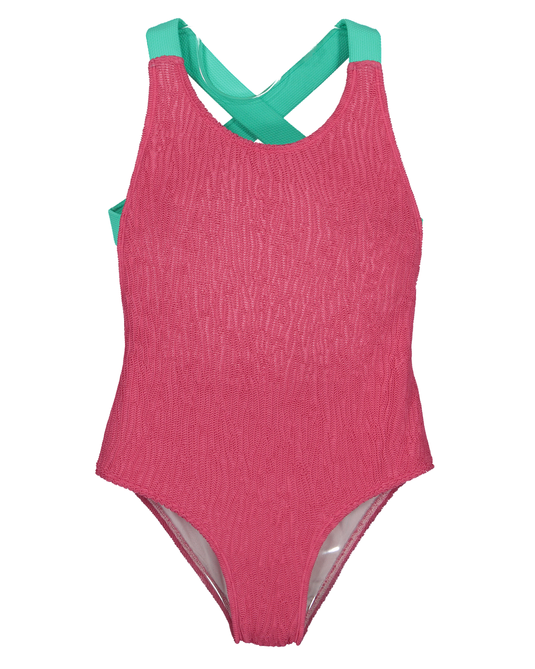 girls pink textured swimsuit with green cross back straps

