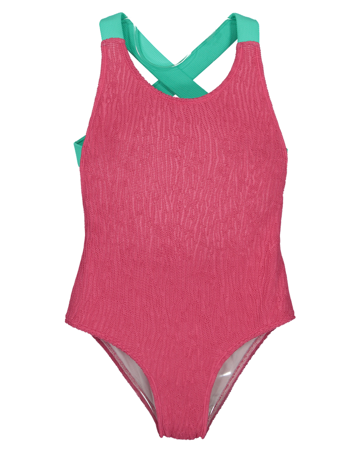 girls pink textured swimsuit with green cross back straps
