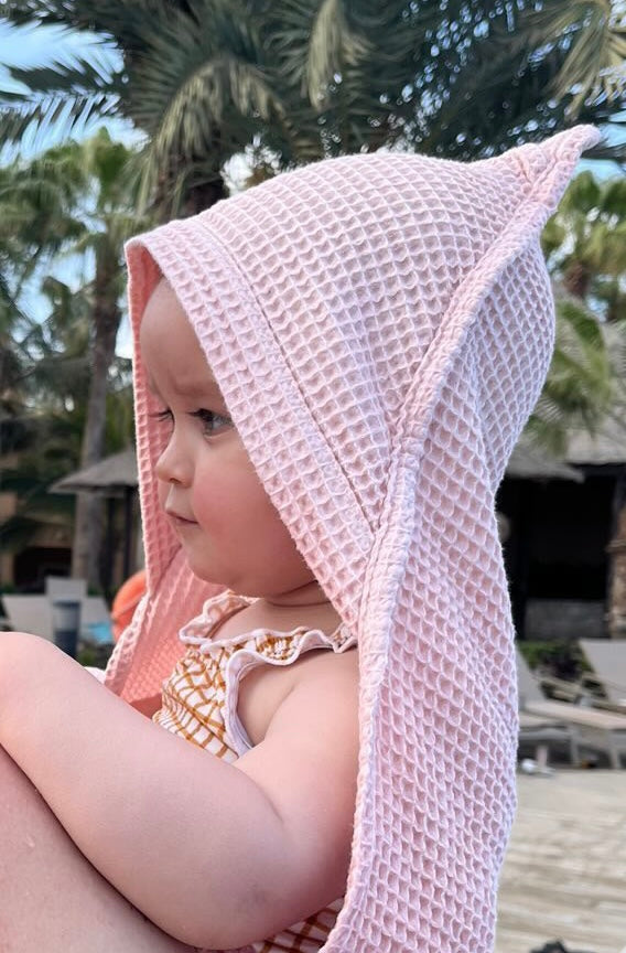 Towel Baby Waffle With Hood - Powder Pink - منشفة