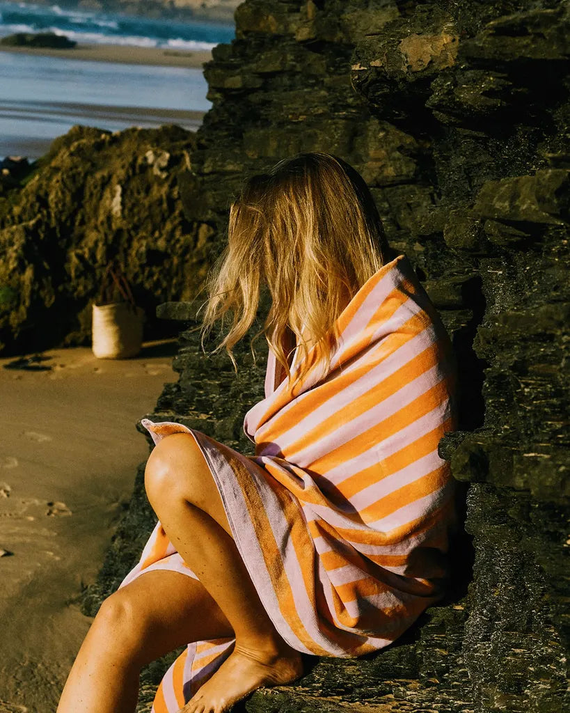 Place Reservee CABANE striped beach towel in Lavender and Peach