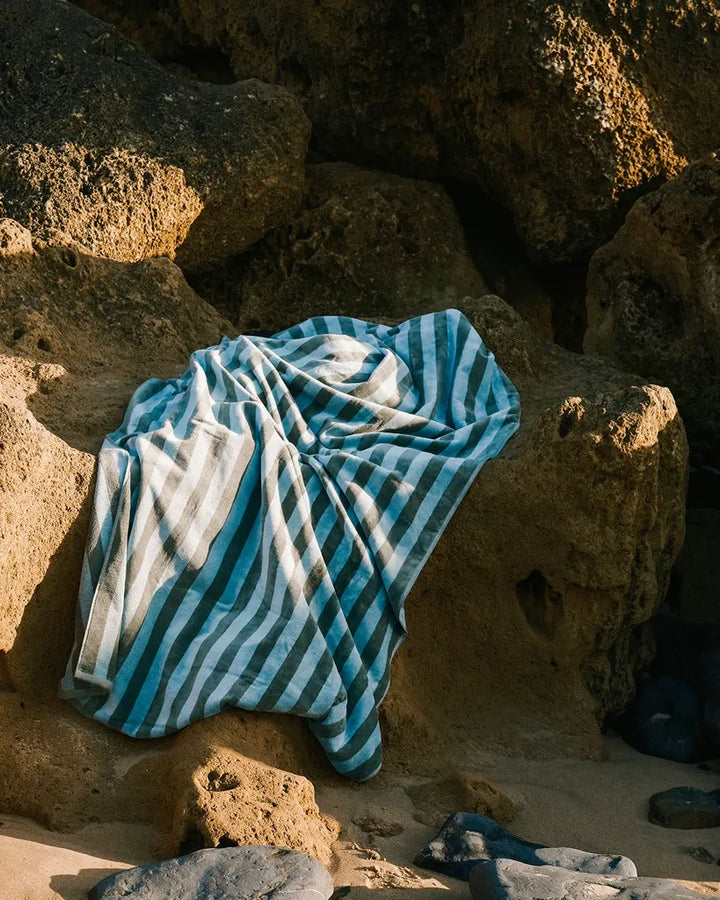 Place Reservee CABANE striped beach towel in Eucalyptus and Atlantic