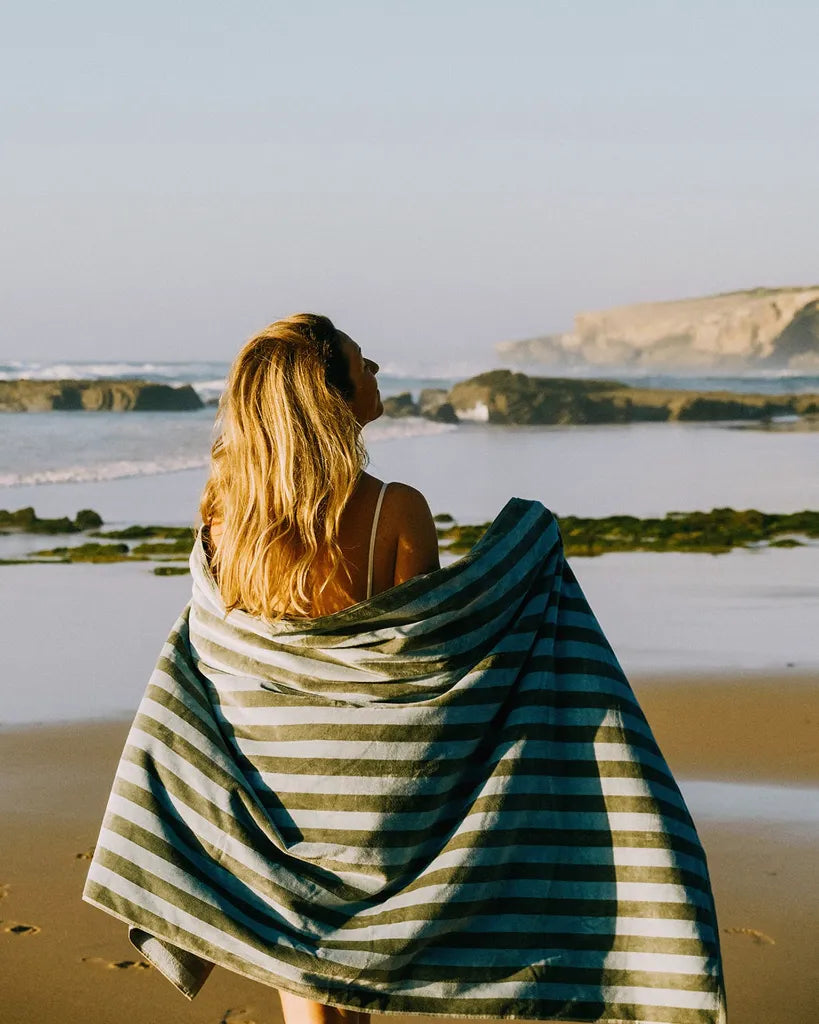 Place Reservee CABANE striped beach towel in Eucalyptus and Atlantic