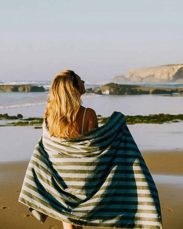 Place Reservee CABANE striped beach towel in Eucalyptus and Atlantic
