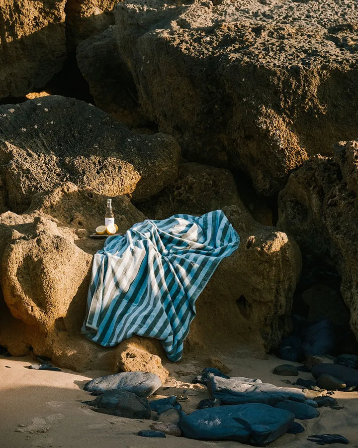 Place Reservee CABANE striped beach towel in Eucalyptus and Atlantic