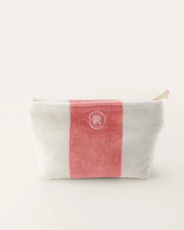 Place Reservee pink striped velvet toiletry bag in Pink Lemonade