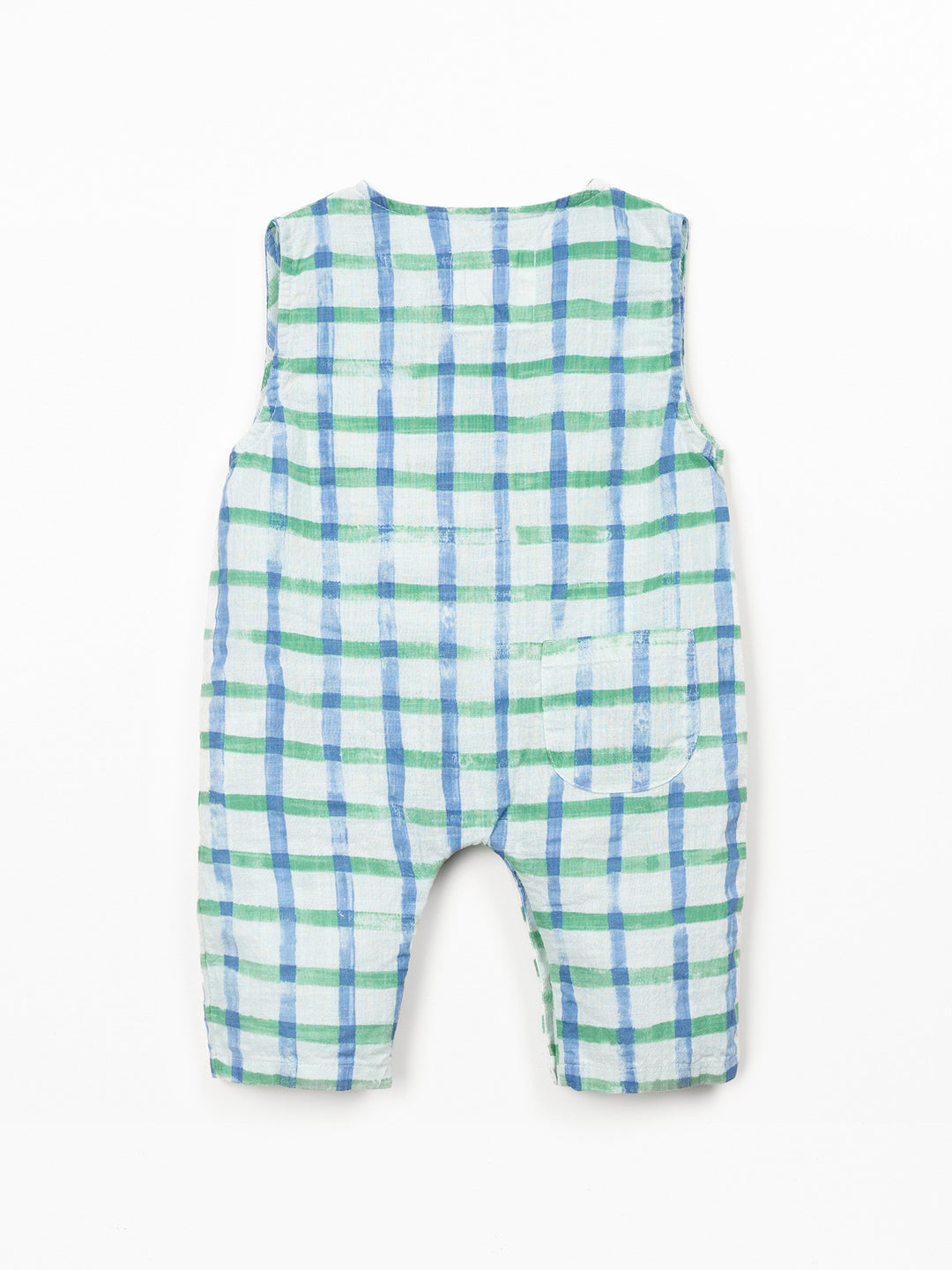 Baby organic cotton check romper with wooden buttons and sleeveless design