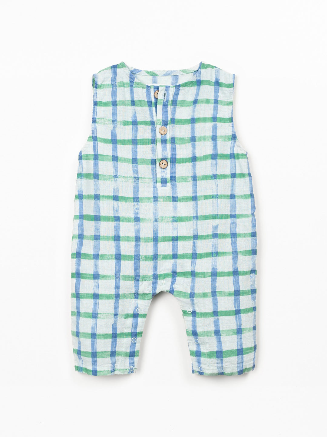 Baby organic cotton check romper with wooden buttons and sleeveless design