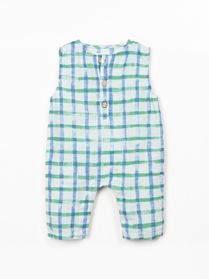 Baby organic cotton check romper with wooden buttons and sleeveless design
