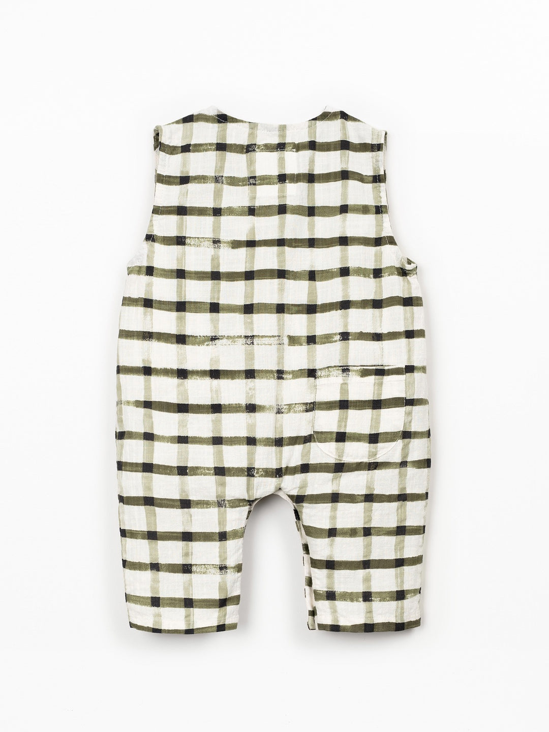Baby organic cotton check romper with wooden buttons and sleeveless design