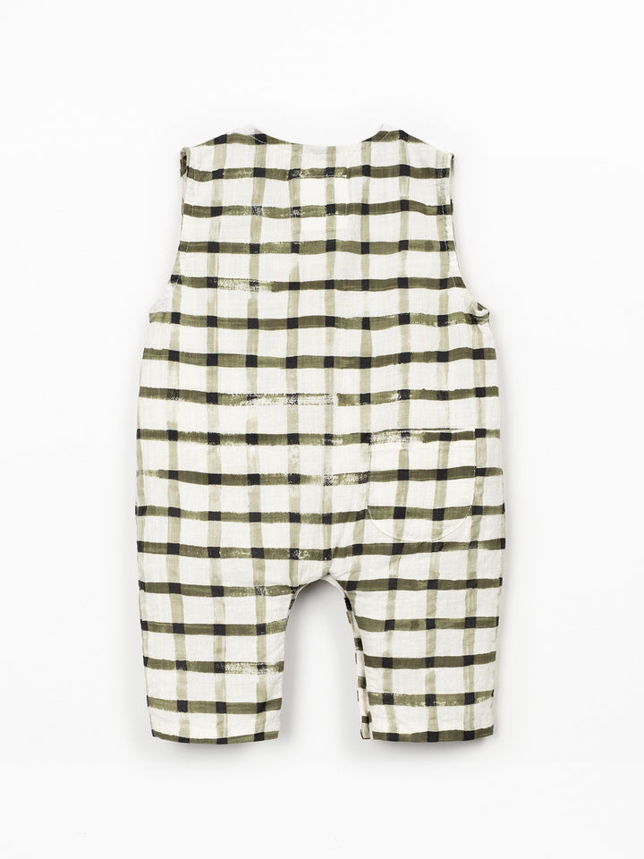 Baby organic cotton check romper with wooden buttons and sleeveless design