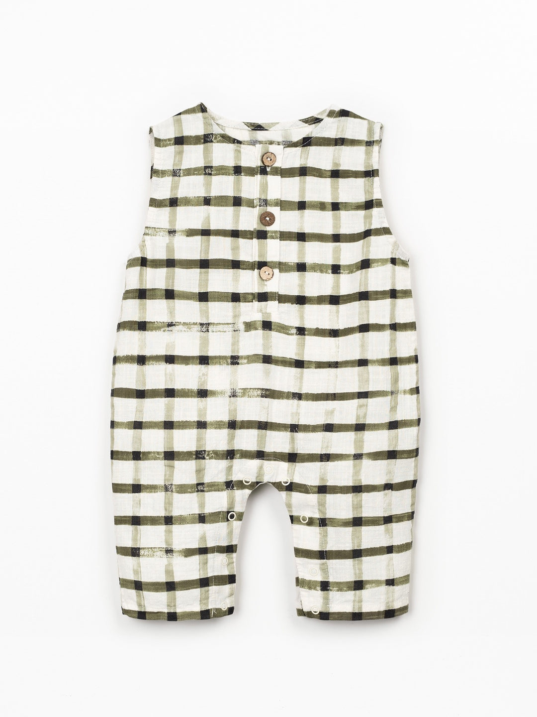 Baby organic cotton check romper with wooden buttons and sleeveless design