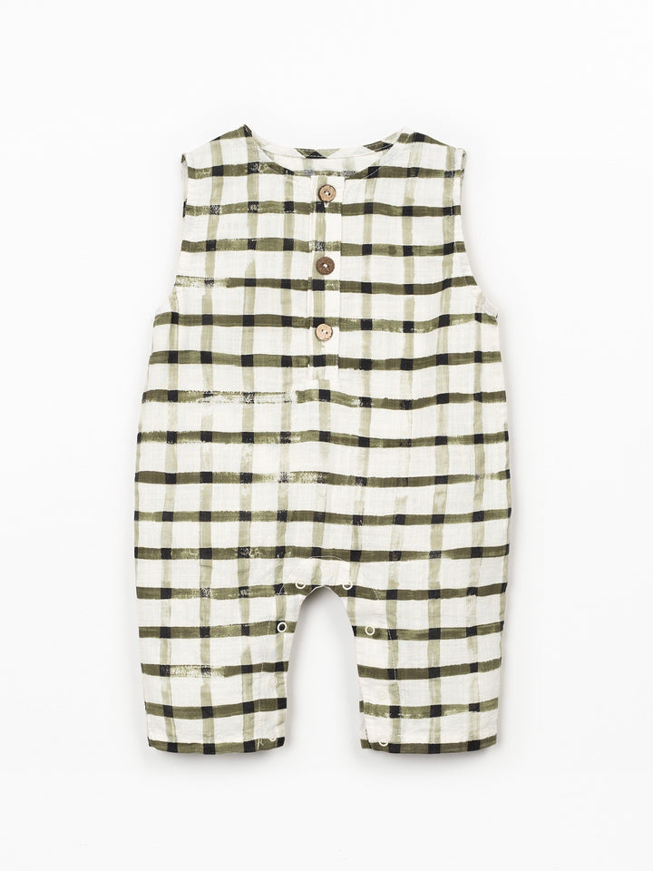 Baby organic cotton check romper with wooden buttons and sleeveless design