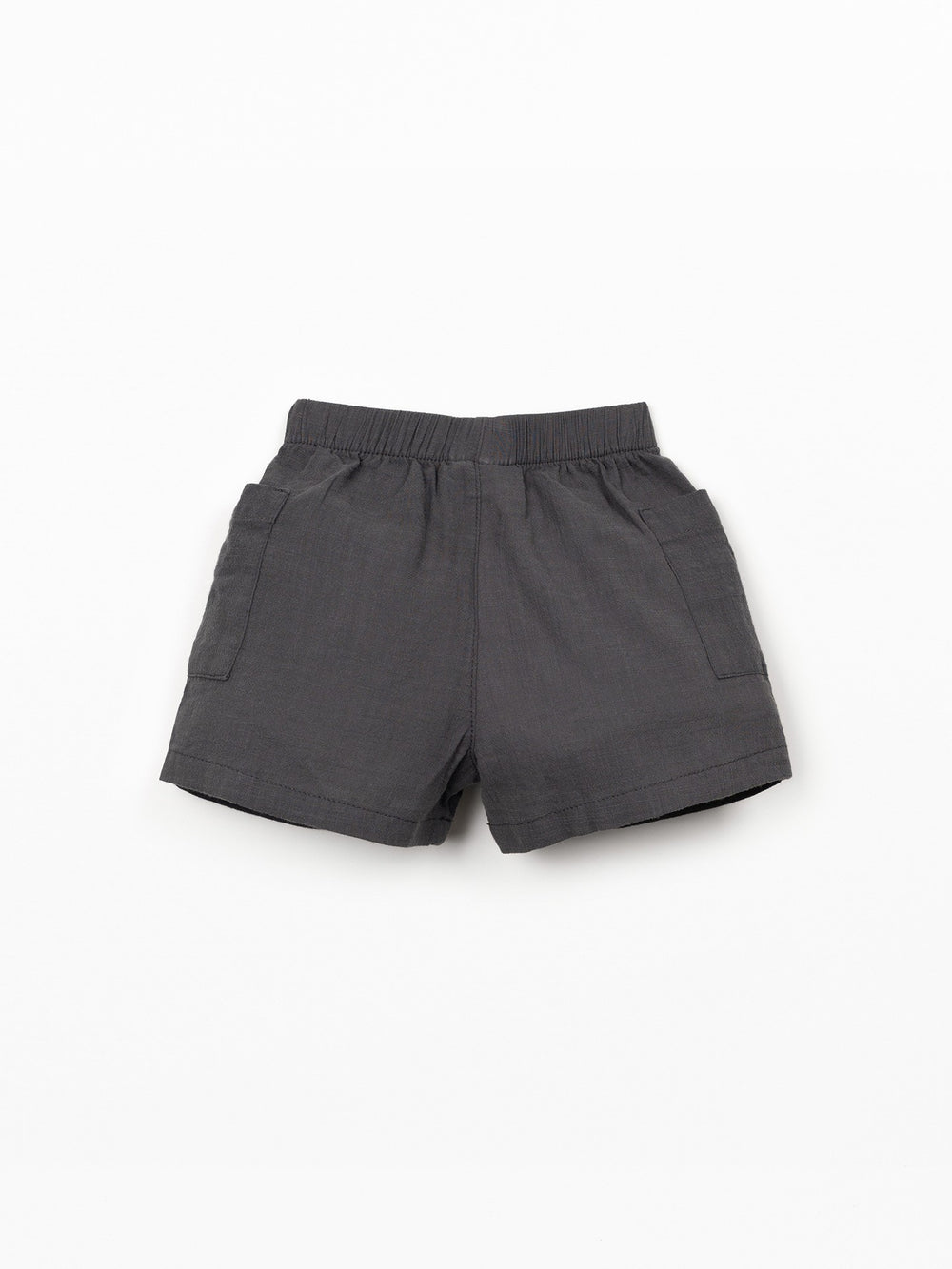 Organic cotton baby boy shorts in charcoal grey with elastic waistband and patch pockets